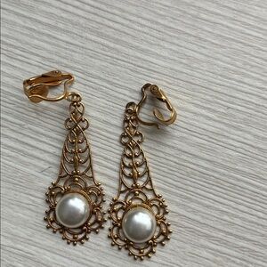Vintage Clip-On Gold Filigree Pearl Drop Earrings